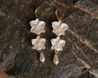 White pearl orchid earrings, Wedding jewelry women, Dangle polymer clay earrings flower, Bridal jewellery