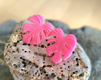 Hot pink earrings, Monstera earrings, Polymer clay jewelry, Pink leaf stud earrings
