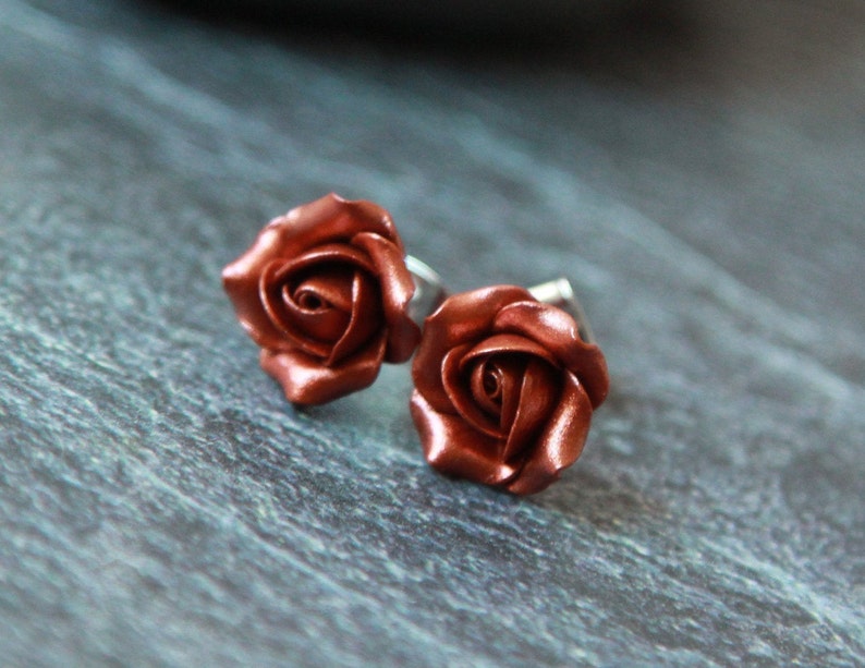 Copper stud earrings Polymer clay earrings terracota Rose stud earring image 4