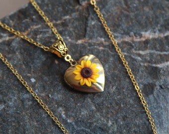 Sunflower locket heart necklace, Gold Yellow flower statement necklace, Polymer clay floral jewelry pendant, Delicate jewelry