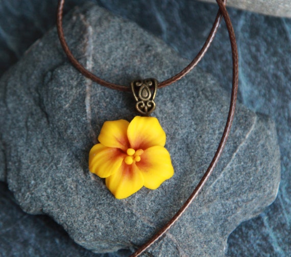 Yellow Flower Necklace polymer Clay Floral Pendant Hibiscus