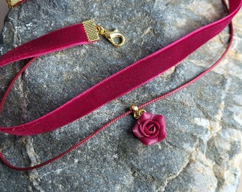 Magenta necklace, fuchsia necklace velvet choker , Collar choker velvet for women, Dark pink ribbon choker, Dainty flower necklace