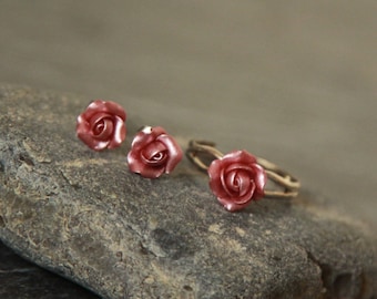 Dusky Pink Rose Jewelry Set, Polymer Clay Earrings and Ring