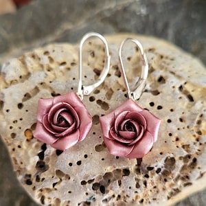 Dark pink rose earrings Sterling silver Clay Flower earrings Wedding jewelry women Dangle Polymer clay earrings