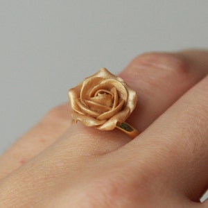 Gold plated sterling silver ring gold rose Polymer clay ring Women cocktail ring Floral jewellery Flower Clay beige ring  Rose ring