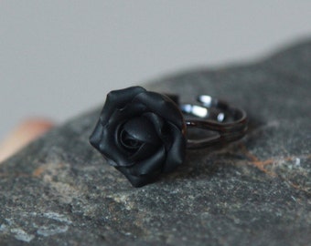 Handmade Black Rose Ring, Silver Base, Polymer Clay Floral Jewelry