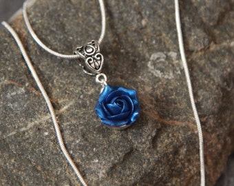 Navy blue rose necklace, Snake chain necklace with charm, Dark blue flower pendant