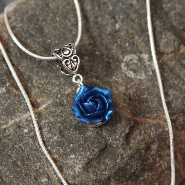 Navy blue rose necklace, Snake chain necklace with charm, Dark blue flower pendant