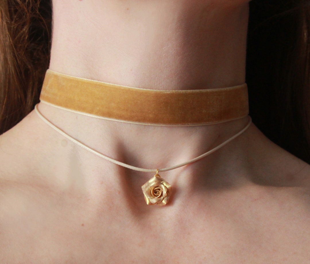 Wide Velvet Choker Pendant Beige Ribbon Necklace Polymer Clay Rose