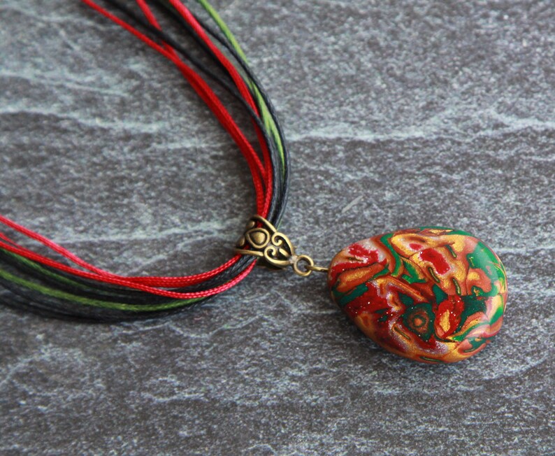 Stone pendant with cords Polymer clay jewelry Necklace pendant Womens jewelry Mokume gane jewelry Red necklace Clay pendant Boho pendant