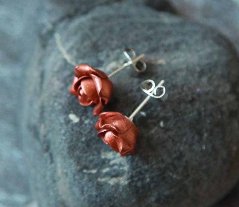 Copper stud earrings Polymer clay earrings terracota Rose stud earring image 2