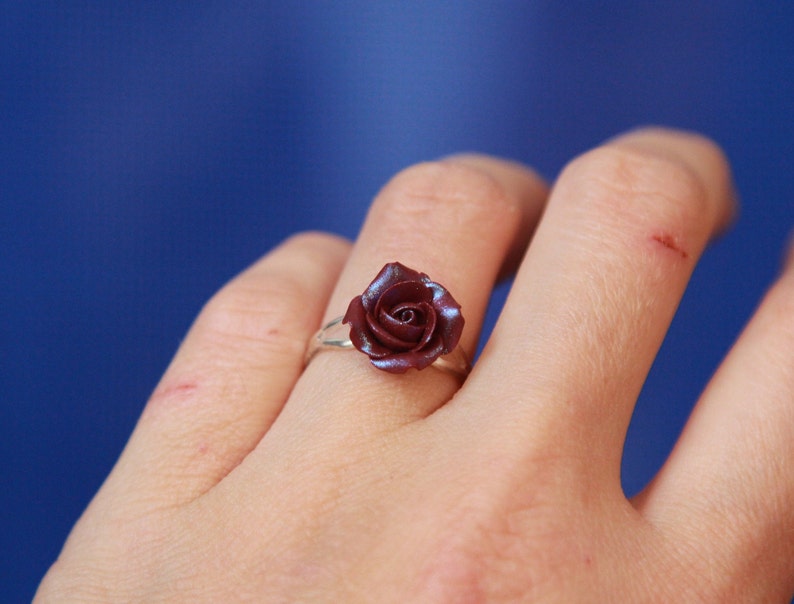 May include: A silver ring featuring a dark red rose. The rose is the focal point, with detailed petals. The ring is set against a blue background, highlighting the jewelry's design. A close-up shot emphasizes the ring's craftsmanship.