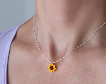 Collar de girasol con cadena de plata de ley, delicado collar de flores, gargantilla de plata con dije, collar con colgante de arcilla polimérica