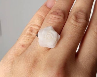 Translucent white rose ring Polymer clay ring Sculpted flower fimo Cocktail ring adjustable Sterling silver ring floral Unique gift women