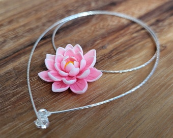 Indian pink lotus necklace with sterling silver choker/ Polymer clay flower pendant necklace/ Hot pink floral jewellery