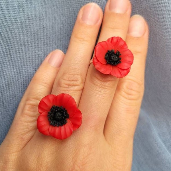 Poppy ring adjustable Polymer clay floral rings Red flower Poppies jewelry Summer gift women