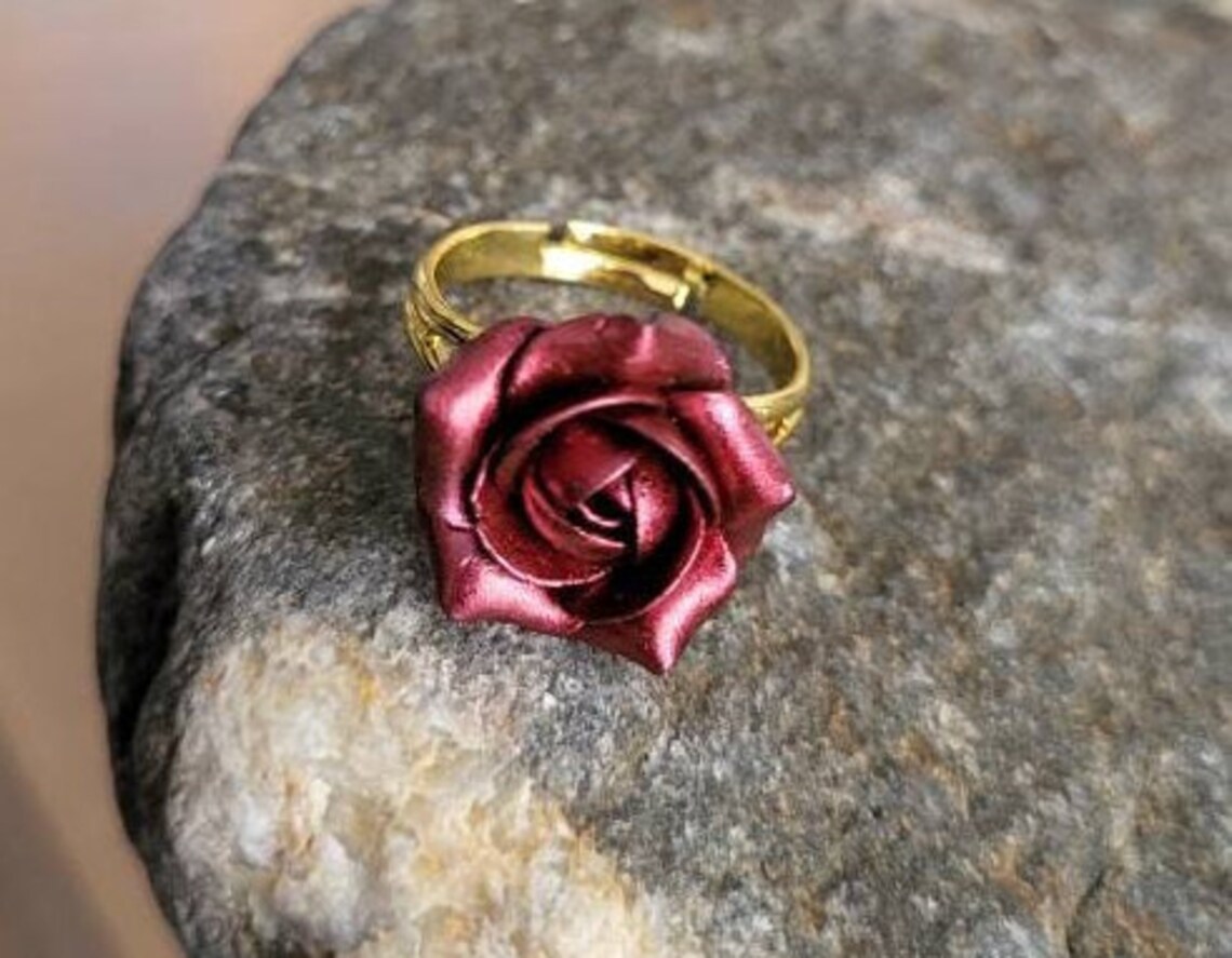Dark Red Rose Ring - Red Flower Ring- Floral Jewellery- Burgundy Rose ...