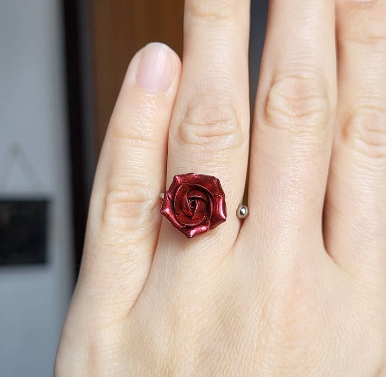 Ruby Red Rose Ring, Polymer Clay Flower, Adjustable Band - Etsy