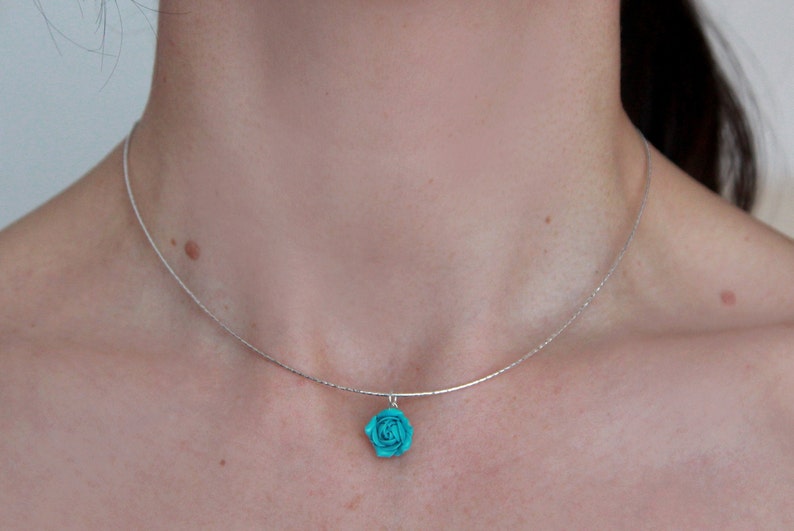 Turquoise necklace 925 Sterling silver choker with flower pendant chain Floral choker collar Handmade pendant rose jewelry Unique gift girl image 3