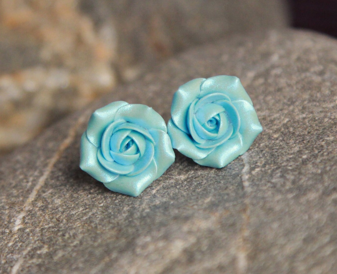 Powder Blue Rose Stud Earrings, Polymer Clay Flower Earrings - Etsy