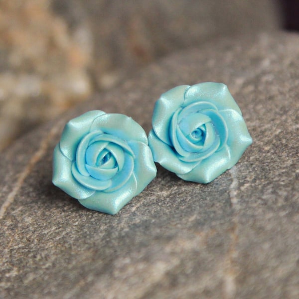 Clay rose earrings stud, Powder blue Light blue post earrings  Delicate flower eaarrings