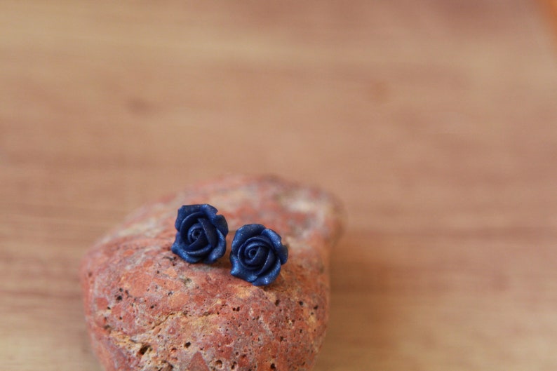 May include: A pair of dark blue rose-shaped stud earrings on a red-brown stone.