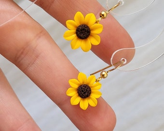 Sunflower earrings gold plated sterling silver hooks, Dainty flower earrings small, Tiny flower earrings