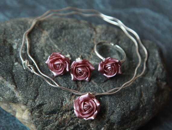 Sterling Silver Jewelry Set Flower Choker Old Rose Ring Italian Silver 925 Choker Stud Earrings Flower Floral Jewelry Etsy