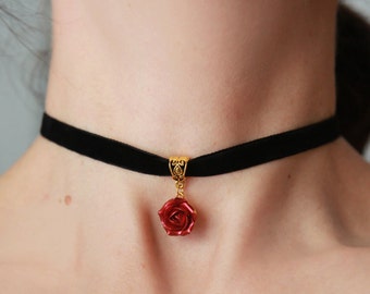 Ruby red rose choker, Velvet choker pendant,  Red flower necklace, Collar choker velvet for women