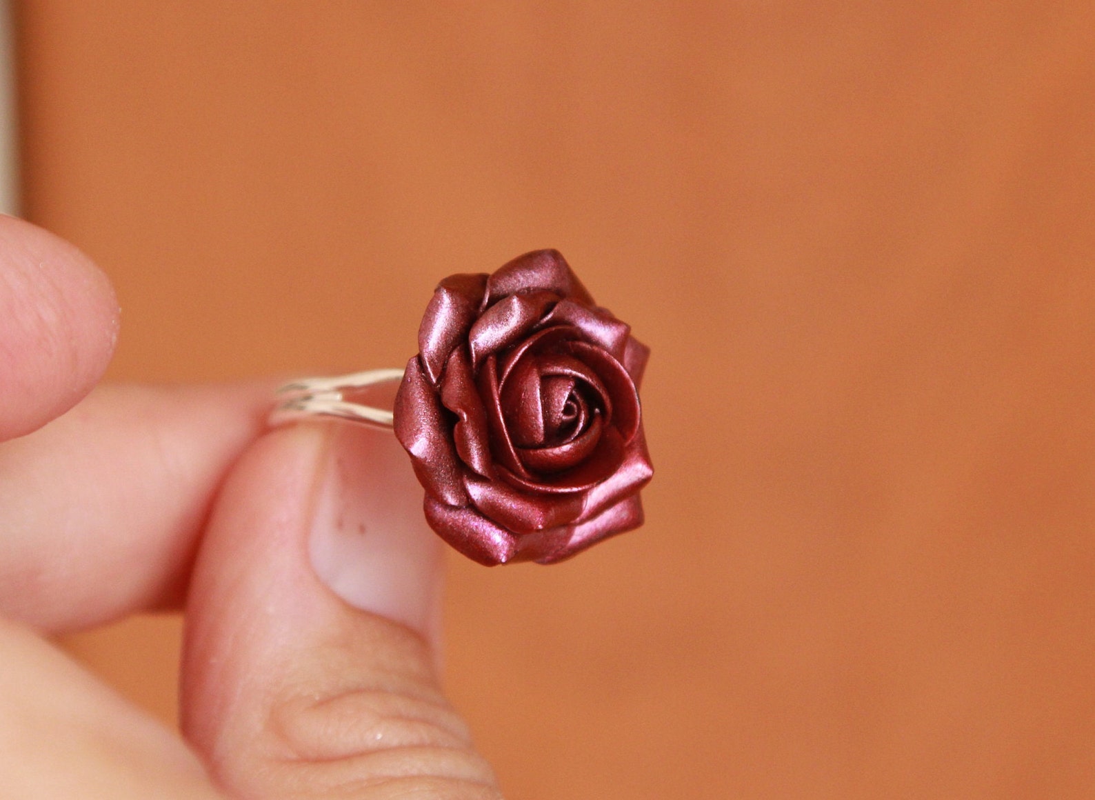Dark Red Rose Ring Polymer Clay Jewelry Womens Cocktail Ring Etsy