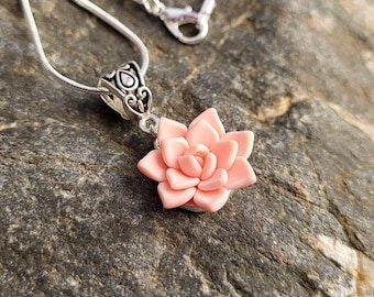 Pink succulent necklace pendant with chain, Polymer clay floral jewelry, Cactus necklace,Plant Botanical