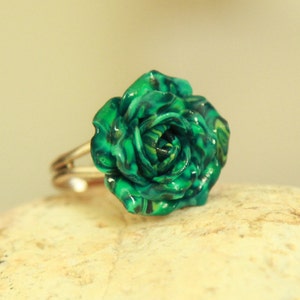 Green Rose Clay Ring, Polymer clay Flower, Handmade Jewelry Sterling silver