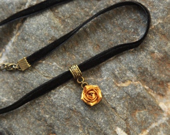 Dainty flower necklace, Gold rose pendant, Ribbon choker, Collar choker, Velvet choker pendant, Choker collar velvet for women
