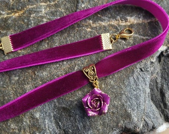 Fuchsia necklace velvet choker ,Magenta necklace, Collar choker velvet for women, Dark pink ribbon choker, Dainty flower necklace