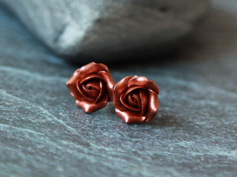 Copper stud earrings Polymer clay earrings terracota Rose stud earring image 5