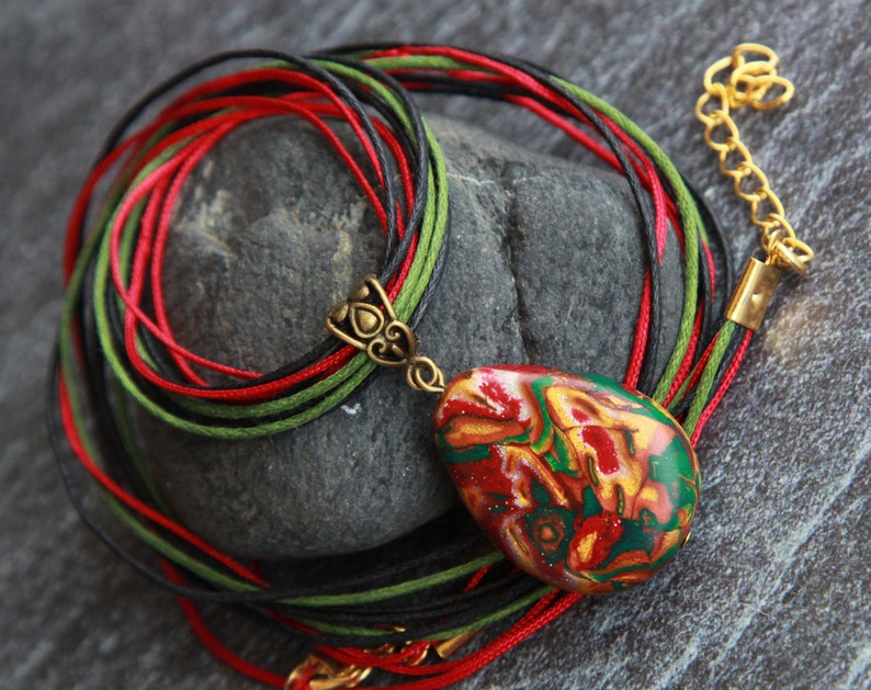 Stone pendant with cords Polymer clay jewelry Necklace pendant Womens jewelry Mokume gane jewelry Red necklace Clay pendant Boho pendant