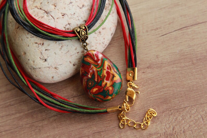 Stone pendant with cords Polymer clay jewelry Necklace pendant Womens jewelry Mokume gane jewelry Red necklace Clay pendant Boho pendant