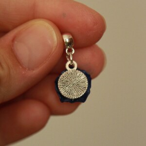 May include: A silver charm with a blue flower design and a round, silver, textured disc. The charm is attached to a silver chain.