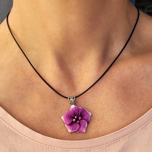 Purple statement necklace, Hibiscus necklace pendant cord , Polymer clay flower jewelry women, Summer jewelry