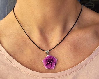 Purple statement necklace, Hibiscus necklace pendant cord , Polymer clay flower jewelry women, Summer jewelry