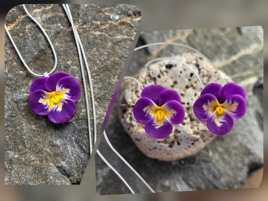 Purple Flower Earrings and Necklace Pansy Flower Jewelry Set Etsy