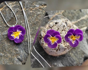 Purple flower earrings and necklace, Pansy flower jewelry set, Polymer clay jewelry