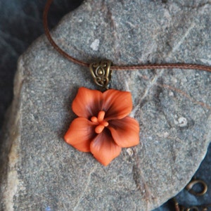 Burnt orange statement necklace, Hibiscus necklace pendant cord , Polymer clay flower jewelry women