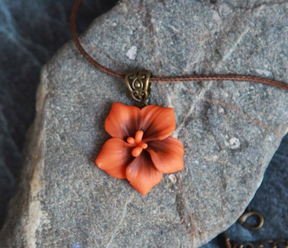 Burnt Orange Statement Necklace Hibiscus Necklace Pendant Cord Polymer Clay Flower Jewelry Women Etsy