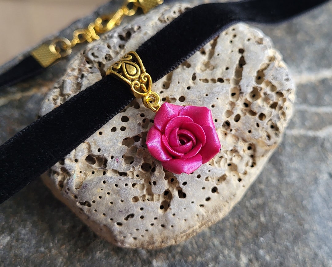 Clay Flower Necklace, Velvet Choker Pendant, Sculpted Rose Necklace