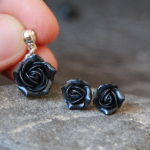 Black Rose Jewelry Set: Polymer Clay Stud Earrings & Pendant