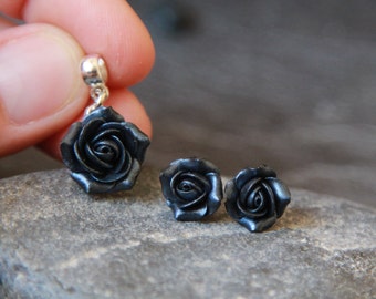 Black Rose Jewelry Set: Polymer Clay Stud Earrings & Pendant