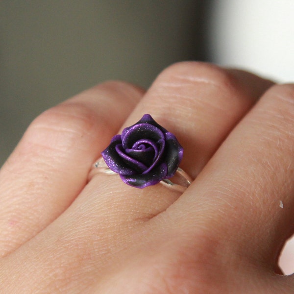 Black purple ring,   Minimalist black ring , Rose ring, Polymer clay flower jewelry women