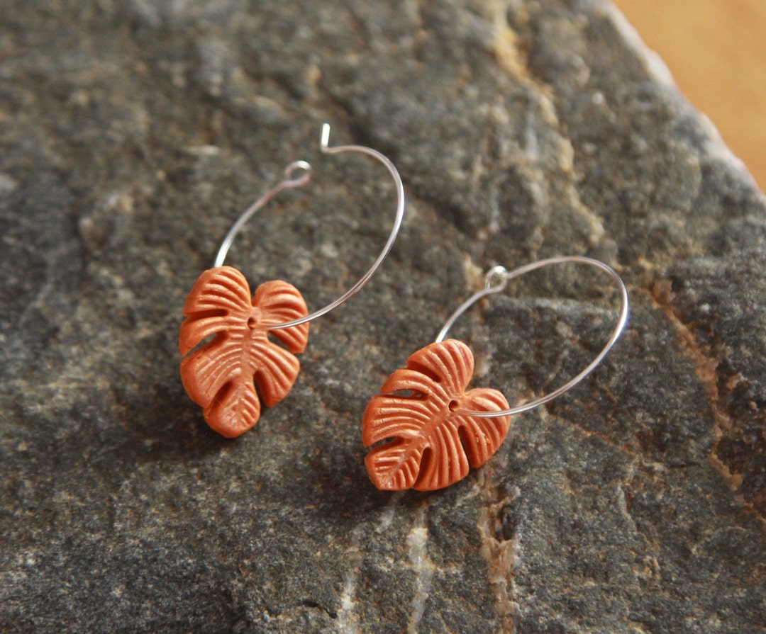 Monstera Earrings Hoop, Polymer Clay Leaf Earrings, Clay Earrings