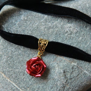 Ruby Red Rose Choker, Velvet Choker Pendant, Red Flower Necklace ...